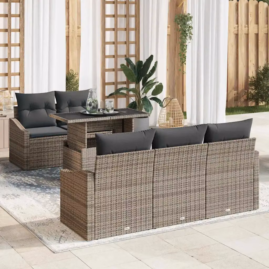 Set Divano da Giardino vidaXL a Forma di L in Polyrattan Grigio con Cuscini e Tavolino da 6 Pezzi – 1