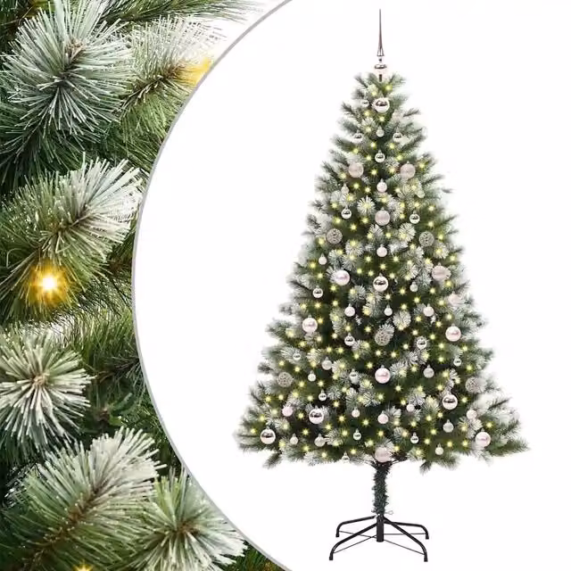 Albero di Natale Artificiale vidaXL con Neve Fioccata e Luci LED, Verde e Bianco, H: 180 cm, L: 102 cm, P: 102 cm – 1