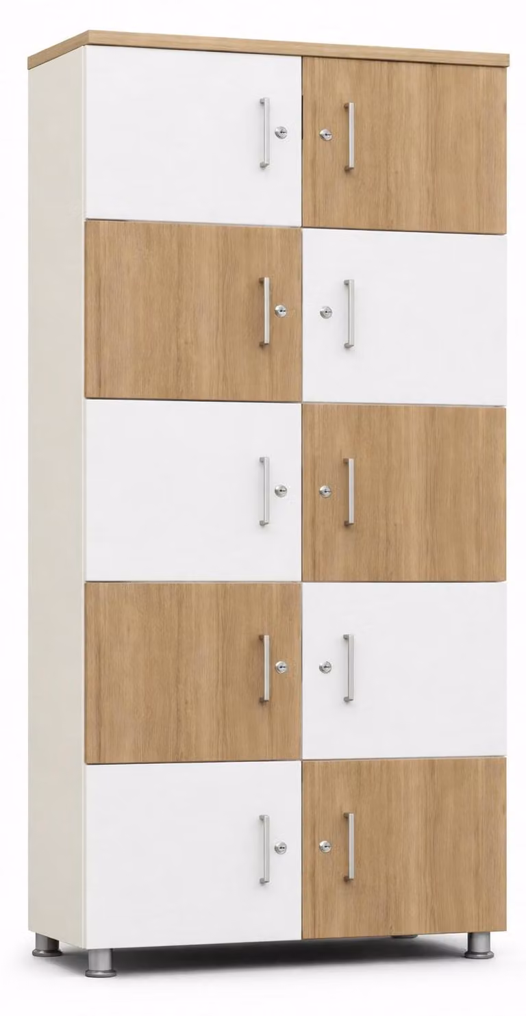 Moderno armadio contenitore con ante alternate in legno e bianche