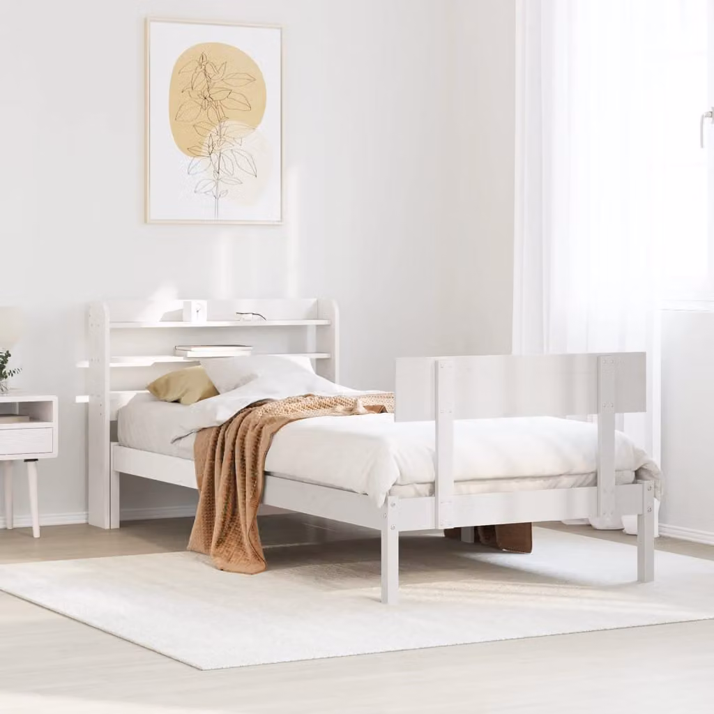 Letto in legno massello di pino bianco con ripiani laterali e doghe in legno stile rustico per adulti
