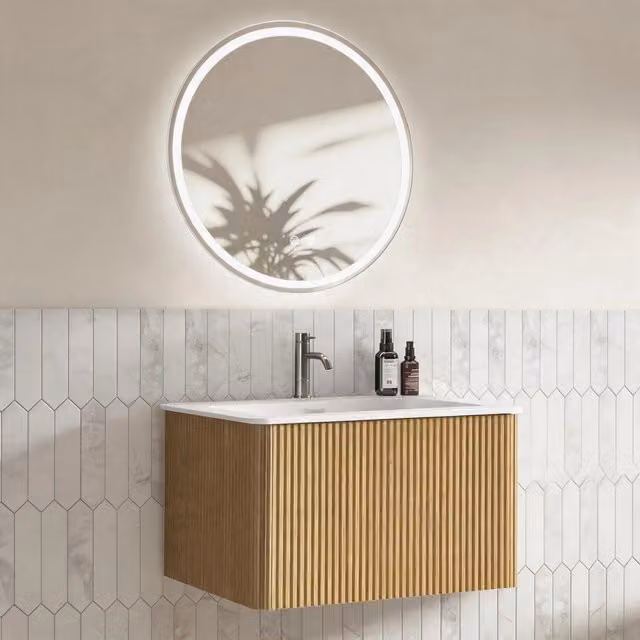 Mobile sottolavabo sospeso con cassetto lavabo integrato e specchio LED antiappannamento per bagno in MDF colore rovere