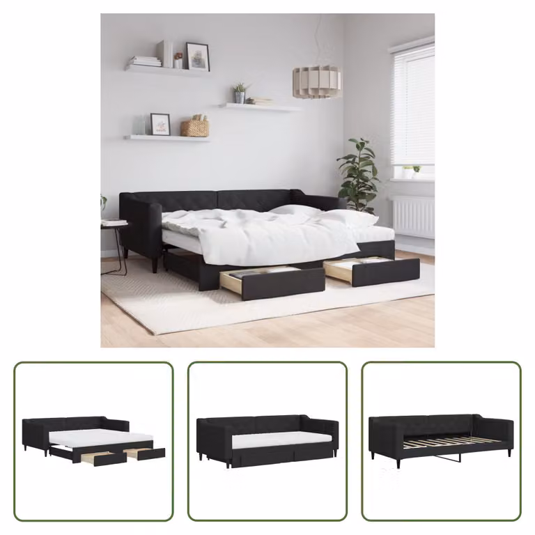 The Living Store Letto allungabile con cassetti nero 90x190 cm tessuto
