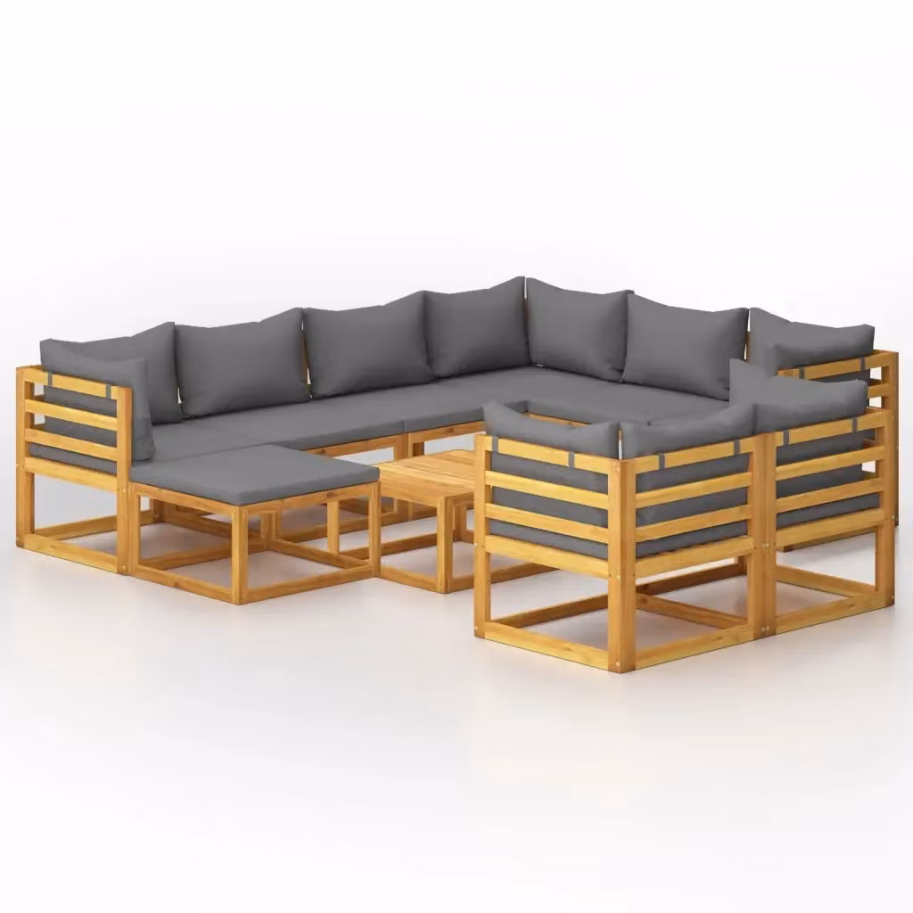 vidaXL Set Divani da Giardino 10 pz in Legno di Acacia con Cuscini Grigi e Tavolino da Esterno – 2