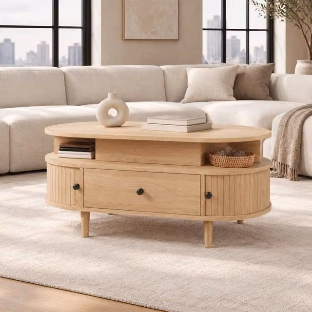 Tavolino da salotto elevabile con cassetto, ante scorrevoli e ripiani aperti, in MDF naturale, 105 × 50 × 60.5 cm