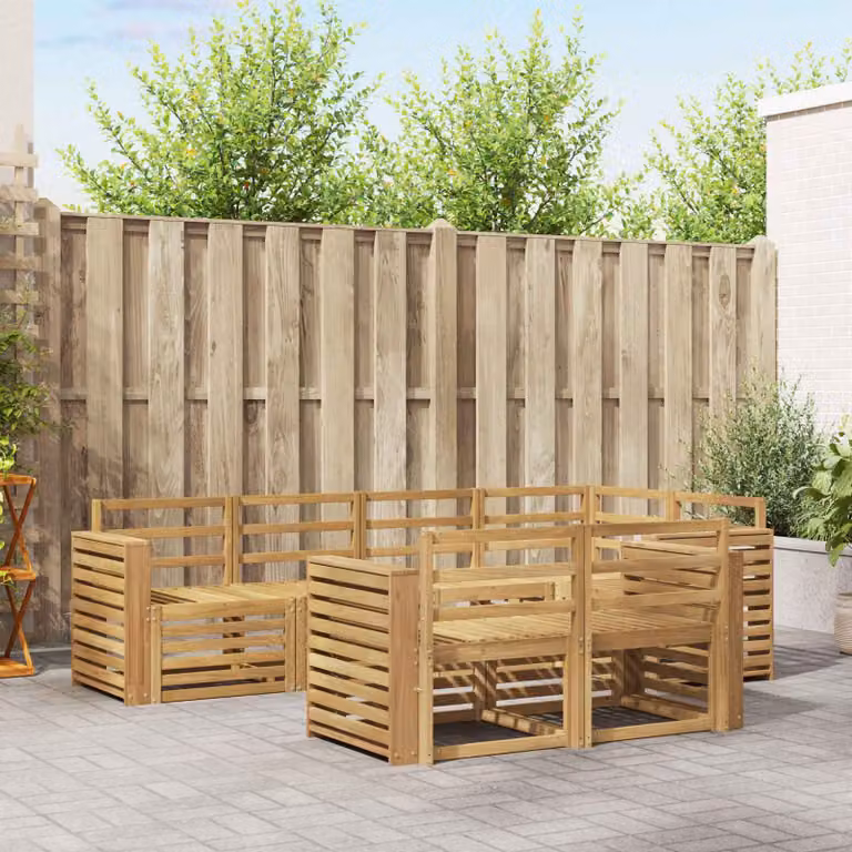 Set di divani da esterno vidaXL 7 pz in legno di acacia massello con cuscini bianchi e marroni in stile moderno a forma di L per giardino e terrazza