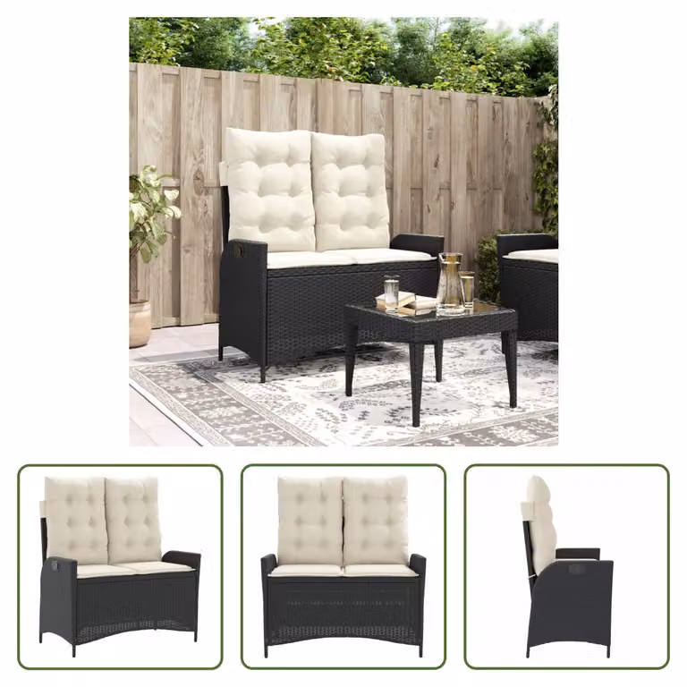 The Living Store Panca da giardino regolabile con cuscini in poly rattan nero