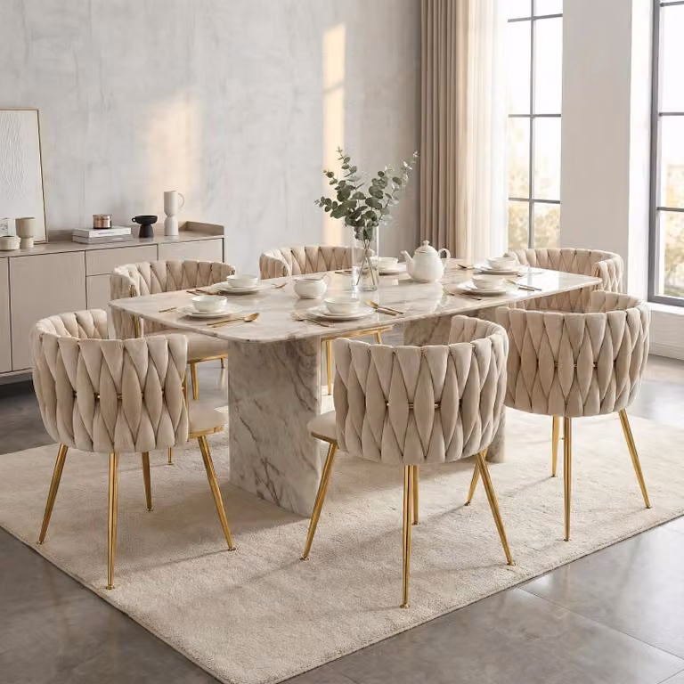 LVHOM Sedie da pranzo Imbottitura in velluto Sedia da soggiorno Set di 6 Sedia imbottita Stile intrecciato, Sedia da sala da pranzo, Struttura in metallo dorato, Avorio