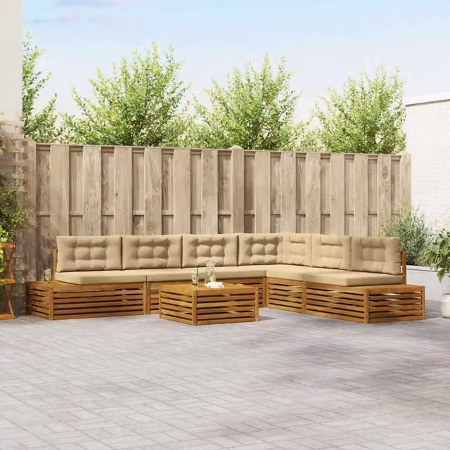 Set di divani da esterno a L vidaXL in legno di acacia con tavolino e cuscini, Beige – 1