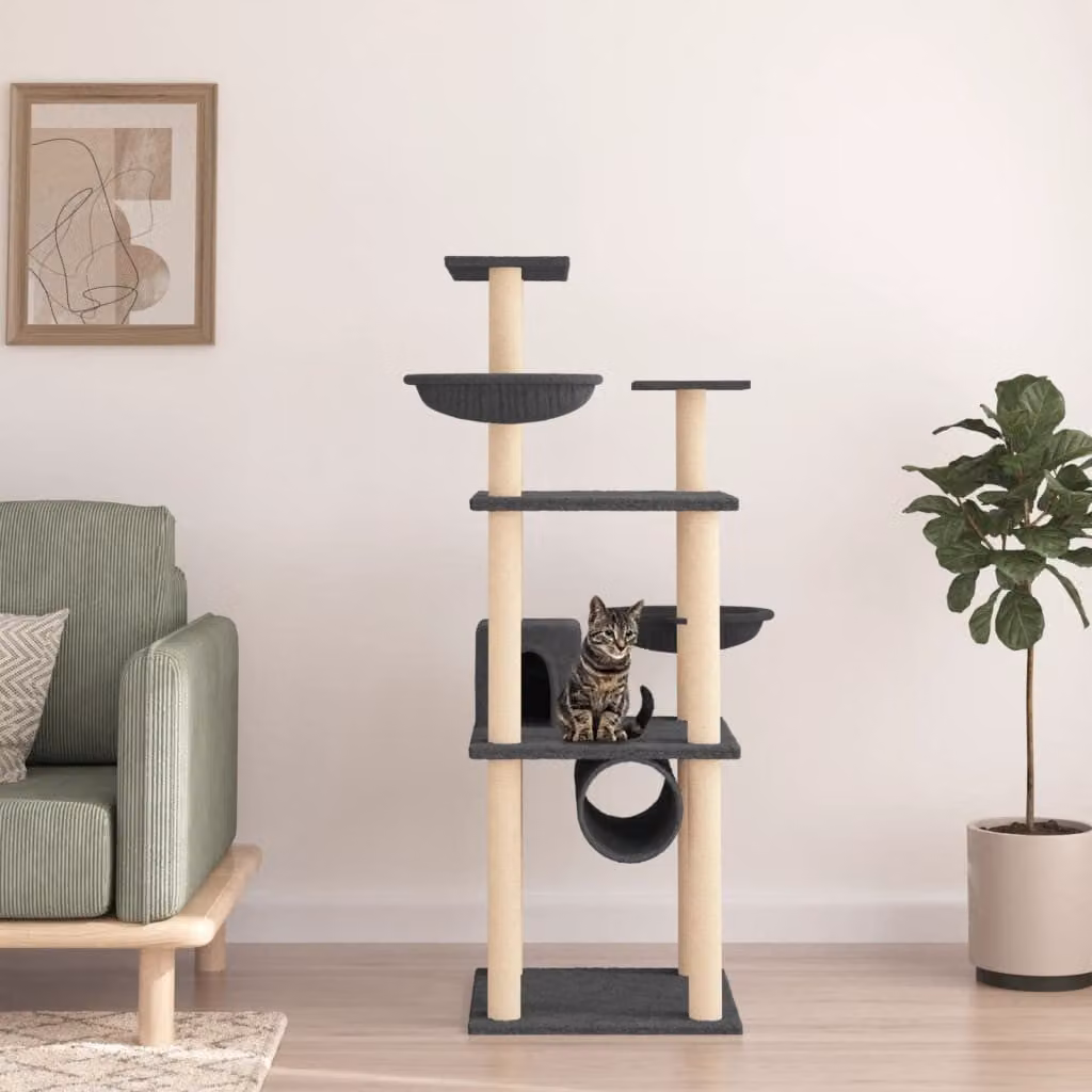Albero per gatti vidaXL con tiragraffi in sisal e legno, colore grigio, Altezza: 141 cm