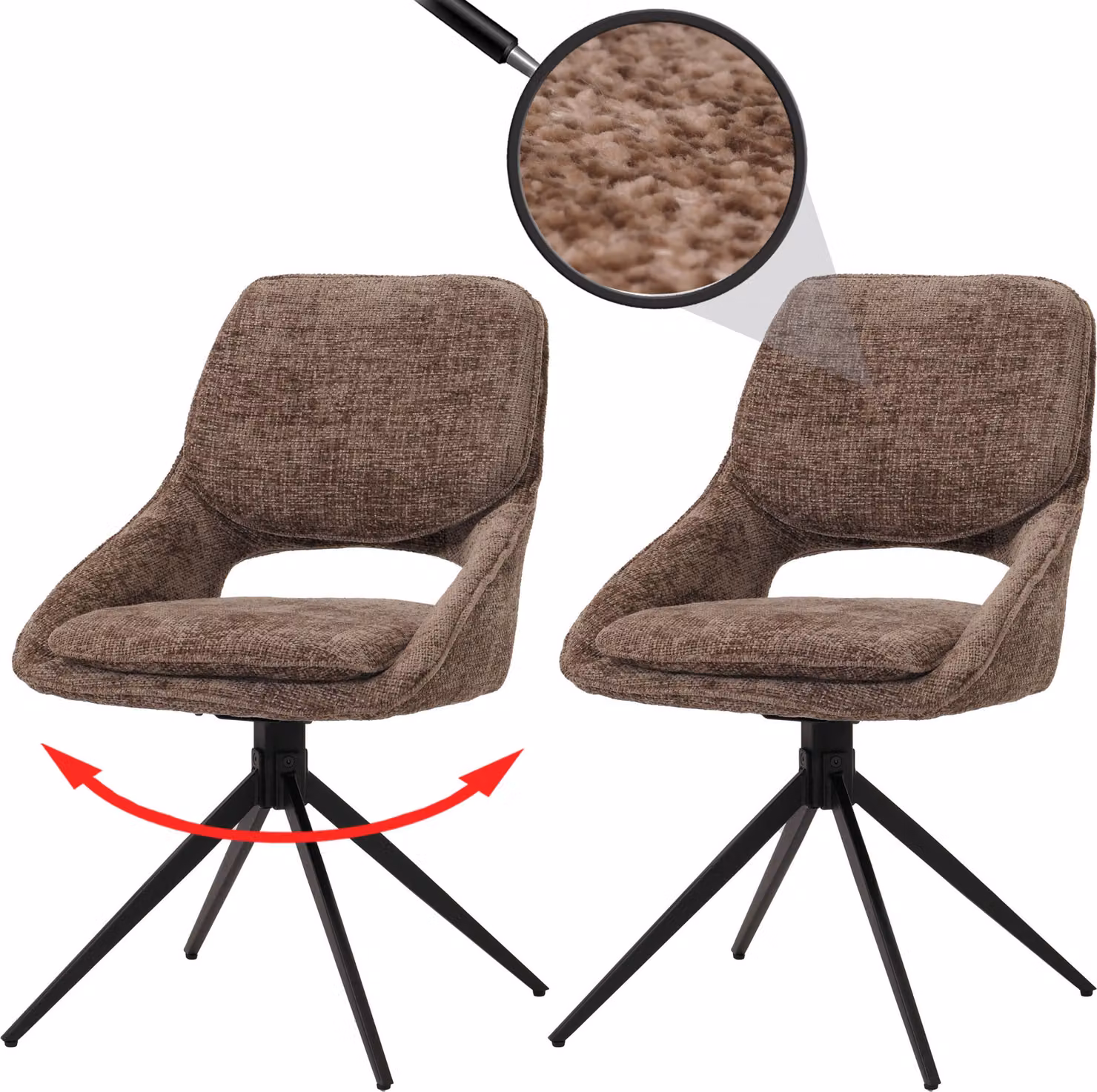 Set di 2 sedie da pranzo HWC-N73, sedia per cucina, girevole con sistema di ritorno automatico, rivestita in tessuto chenille (490g/m²), colore marrone