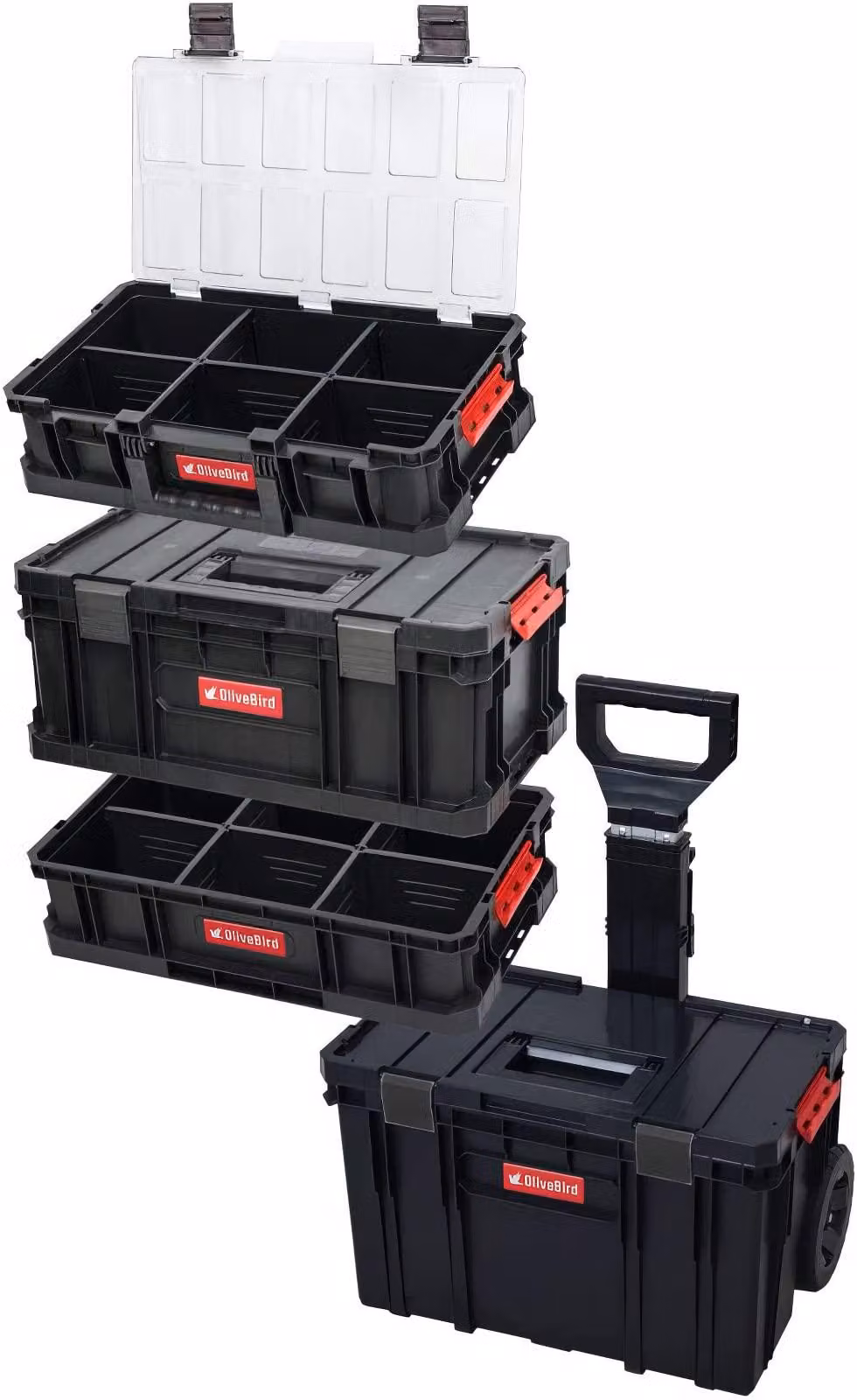 Set di valigette per utensili 4-in-1, su ruote, capacità 82,6 litri, in plastica