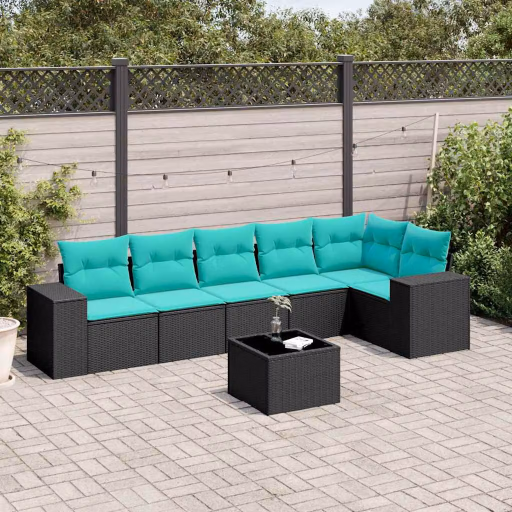 Set di divani da giardino vidaXL a forma di L composto da 7 pezzi con cuscini e tavolino da esterno in rattan nero e struttura in metallo