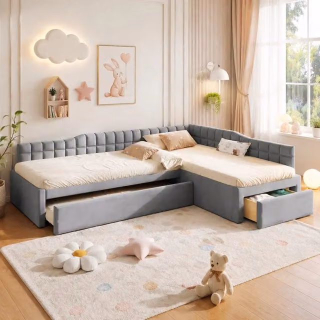Letto imbottito ad angolo 90x200 cm con letto estraibile, cassetti e rivestimento in velluto grigio