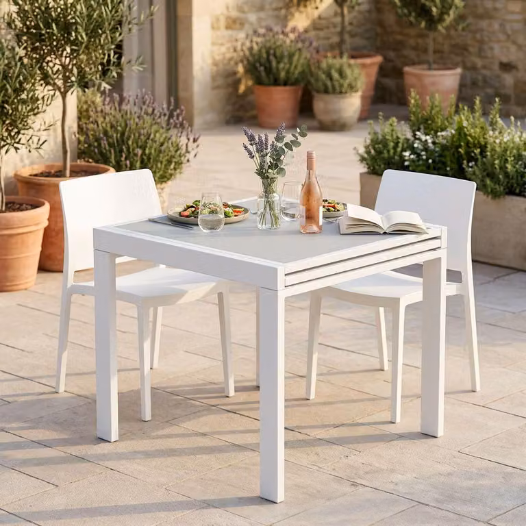 Milani Home - tavolo da pranzo allungabile 90-180 x 90 x 75 cm, bianco, vetro e acciaio