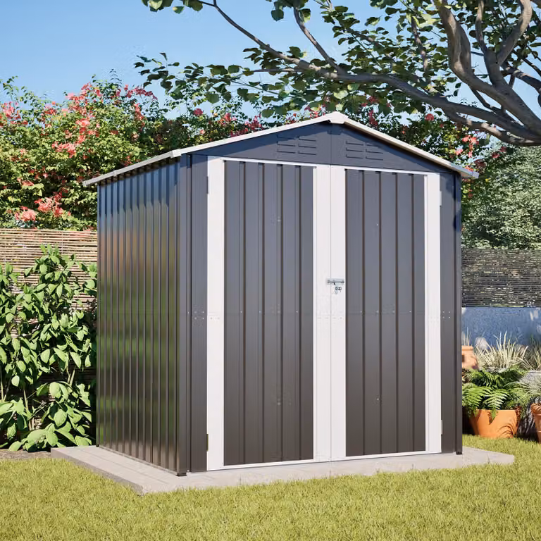 142x185cm casetta per attrezzi in metallo casetta da giardino con fori di ventilazione, incl. fondamenta in metallo, porta con serratura, resistente alle intemperie per attrezzi da giardino, grigio