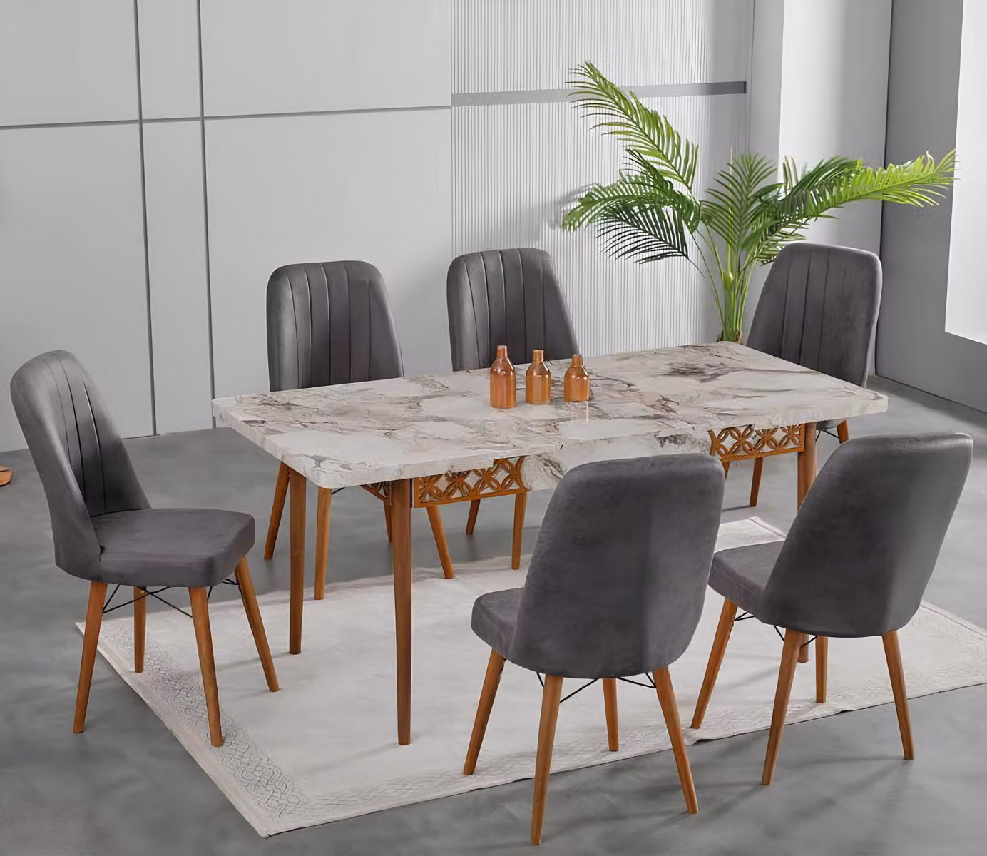 Tavoli da pranzo, set da pranzo, sedie, forma rettangolare, bianco, grigio, comfort
