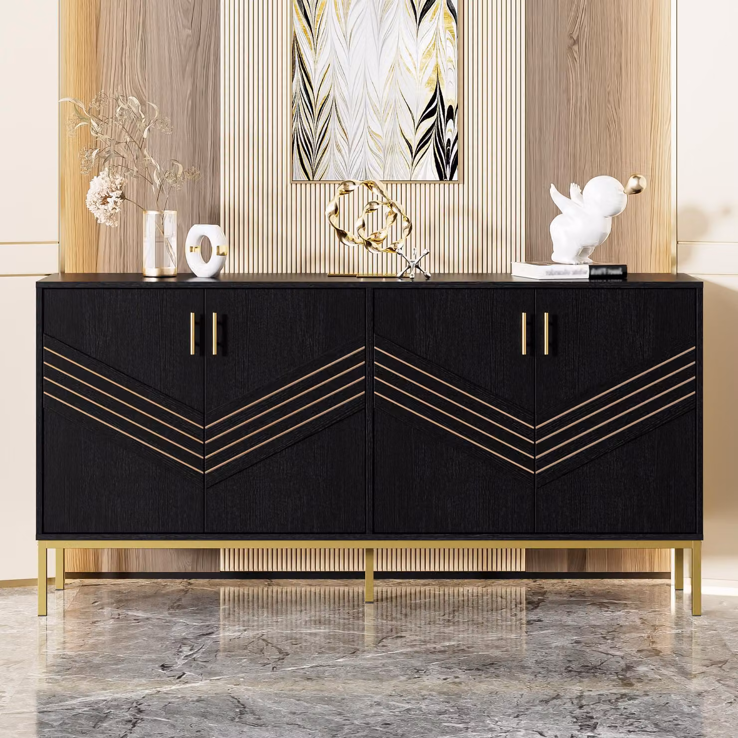 Sweiko Credenza moderna a 4 ante - Design elegante in nero e oro, corpo in MDF con gambe in metallo, grande capacità, ripiani regolabili in altezza - per soggiorno, sala da pranzo e corridoio