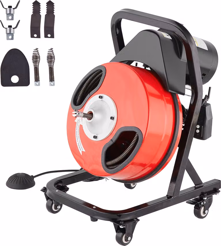 SucceBuy Macchina per la pulizia dei tubi 50 FT x 1/2 pollice, spirale manuale per la pulizia dei tubi - con ruote, 4 frese e interruttore a pedale ad attivazione pneumatica per tubi da 2 a 4 pollici