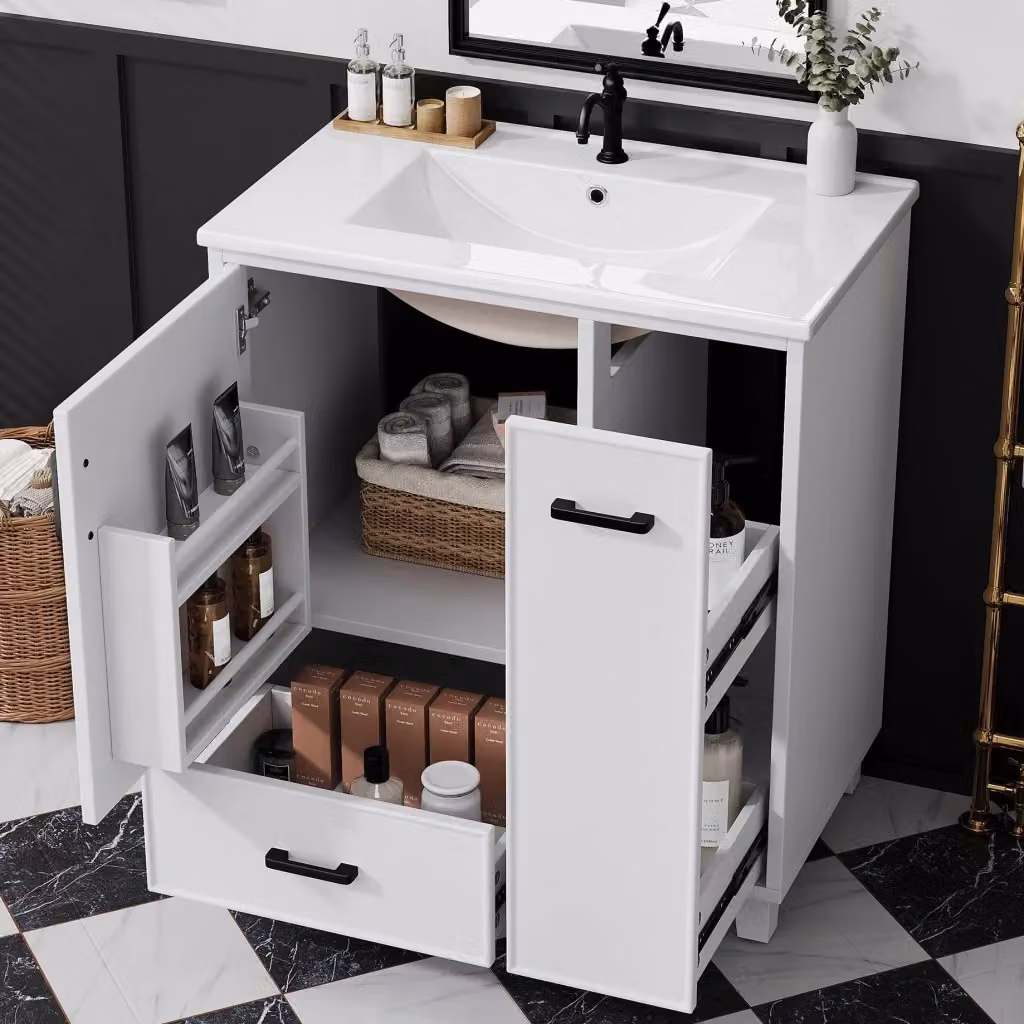 Mobile bagno WISHDOR moderno bianco con lavabo integrato, 2 cassetti e anta con ripiani interni, L: 76,5 cm, P: 47 cm, H: 82 cm – 2