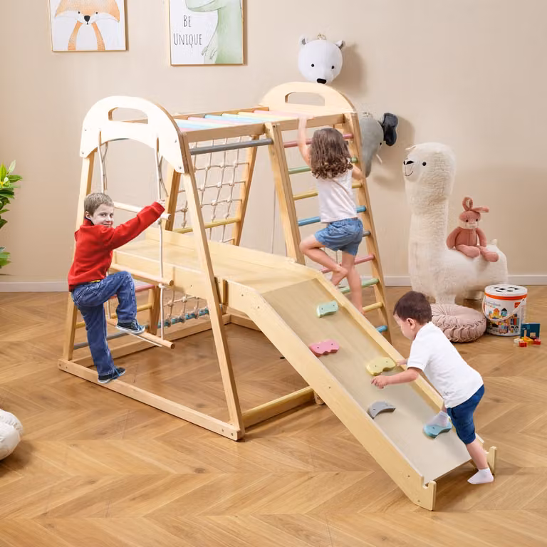 Costway Set da arrampicata in legno 8 in 1 con scivolo, barra delle scimmie e scala a corda per bambini, Multicolore