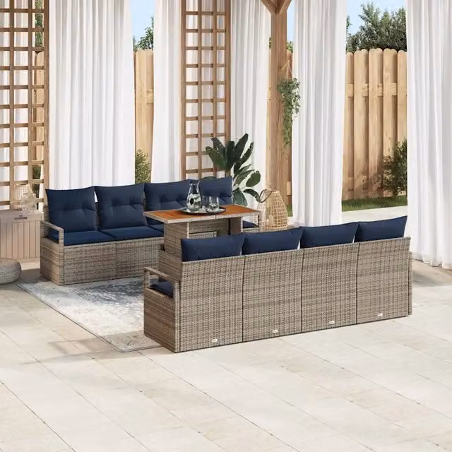 Set Divano da Giardino 9 pz 8-Numero di posti Grigio e Blu Navy 3349688