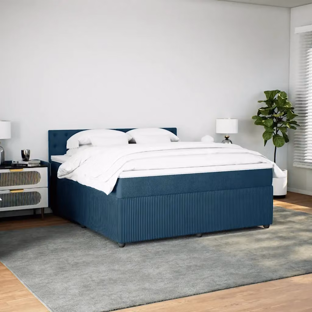 Letto Ibrido vidaXL con Giroletto a Molle e Materasso in Velluto Blu e Bianco, Struttura in Legno di Pino, L/P: 180 x 200 cm – 2