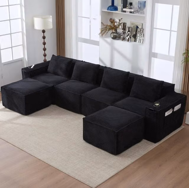 Divano modulare ULEVR 330x162x75 cm in velluto a coste nero con 2 pouf, portabevande e tasche laterali