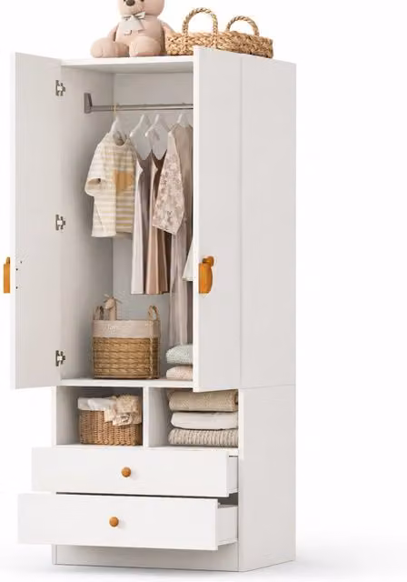 Armadio guardaroba moderno in MDF bianco per camera da letto con 2 ante, 2 cassetti e appendiabiti, L/P/H: 70 x 50 x 170 cm