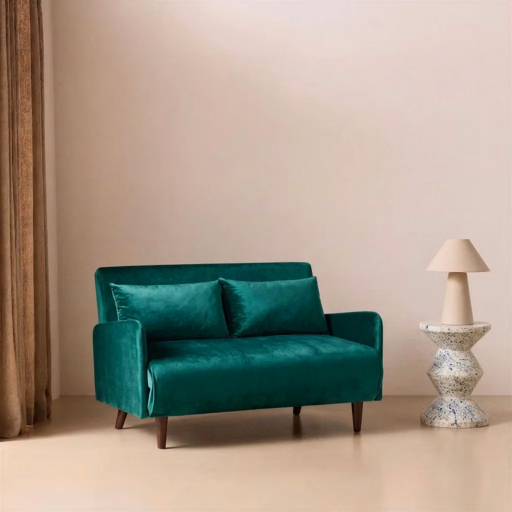 Divano letto Sweeek in velluto verde con poggiatesta regolabile e coperture rimovibili per 2 persone, L/P/H: 120 x 190 cm – 2