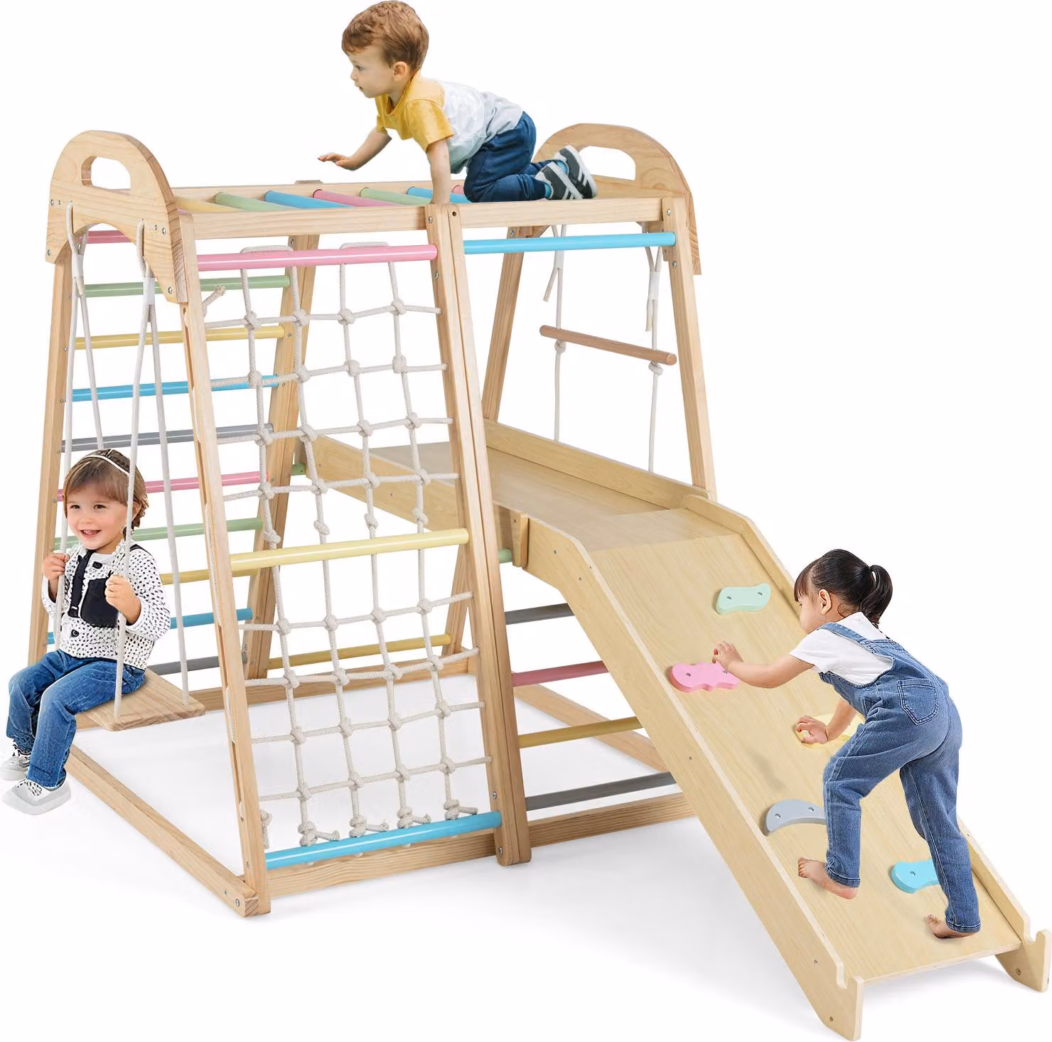 Telaio da arrampicata per interni COSTWAY, 8 scimmie in 1, altalena, rete da arrampicata, scala da arrampicata, corda da arrampicata, roccia da arrampicata, scivolo e piattaforma, per bambini 1+