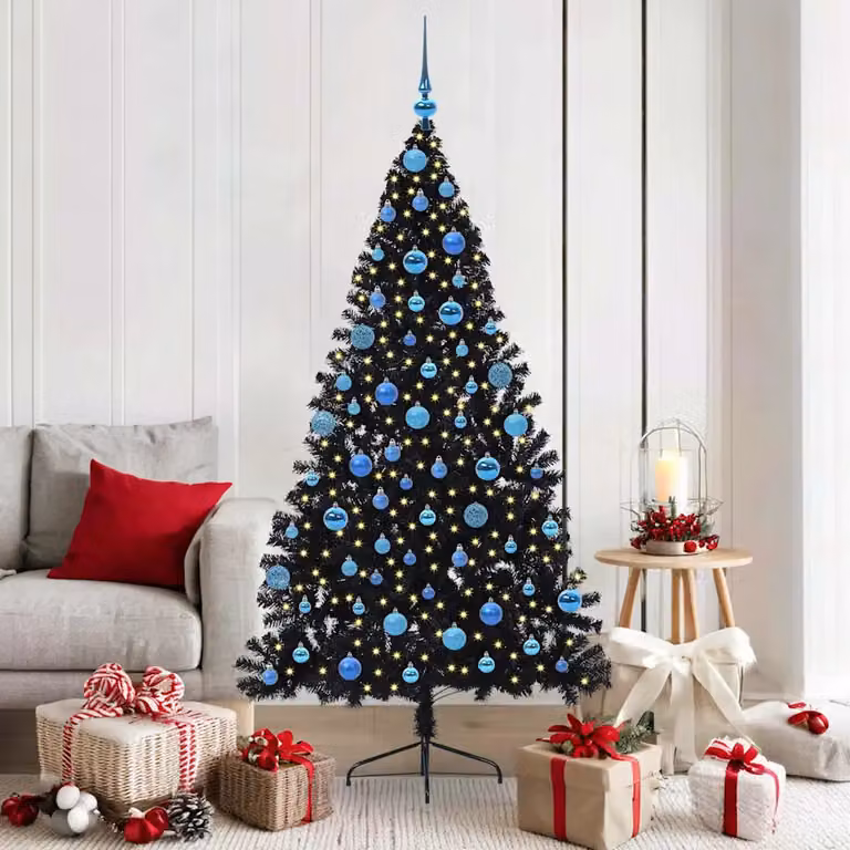 Albero di Natale artificiale moderno vidaXL con luci LED bianco caldo, colore nero, in PVC e metallo, Altezza: 180 cm