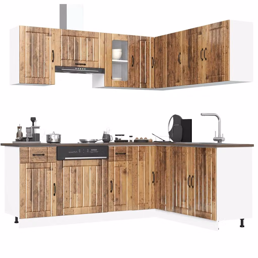 Set di mobili da cucina vidaXL Kalmar composto da 11 pezzi in stile rustico color marrone con finitura opaca e dettagli in legno e vetro