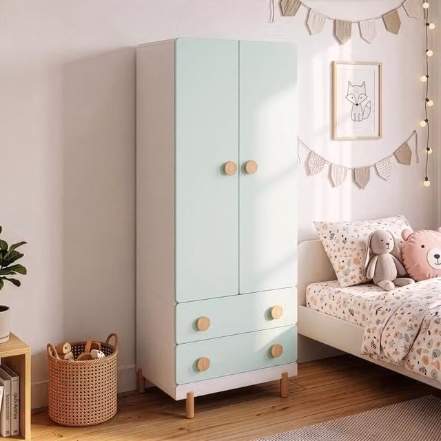 Armadio per cameretta Vaarentaa en.casa con 2 ante e 2 cassetti, Bianco e Verde Menta, H 156 cm x L 60 cm x P 41 cm – 1