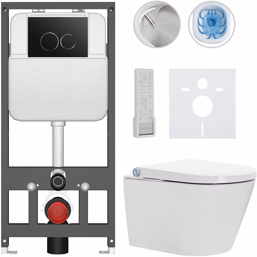 CERANO - WC sospeso con bidet Cronus Pro - bianco lucido - pulsante Prime/Dualo, nero - sospeso - installazione a parete/cartongesso - 59,3 x 38,4 cm