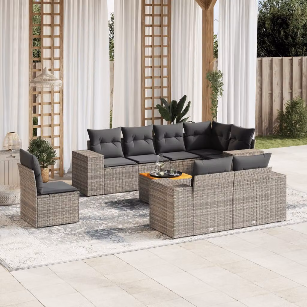 vidaXL Set Divano da Giardino 9 pz a Forma di L in Polyrattan Grigio con Cuscini e Tavolino – 1