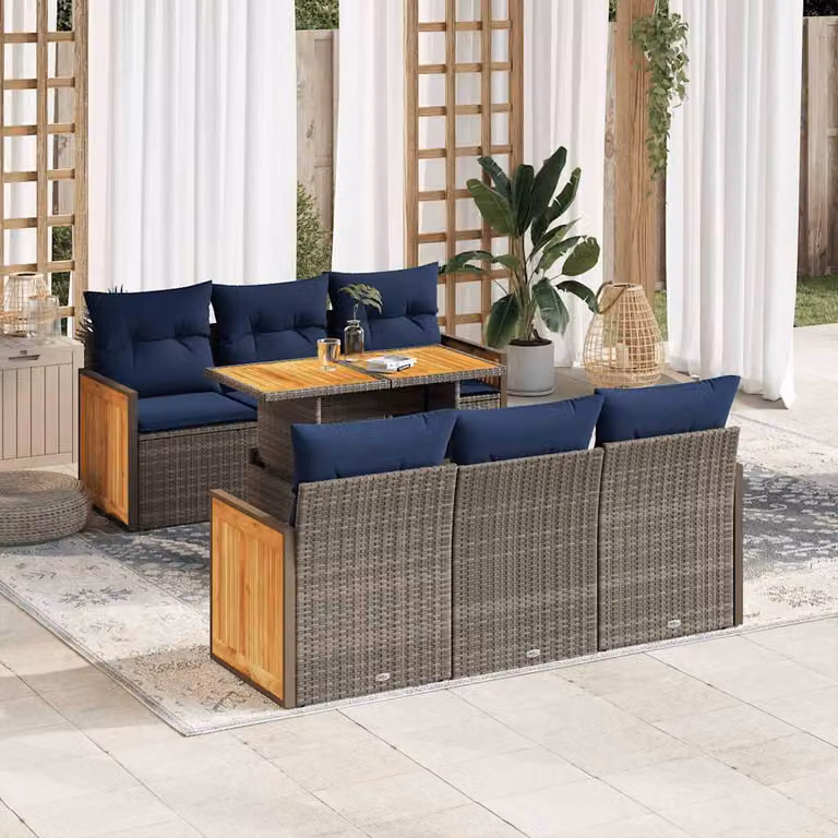 Set di divani da giardino vidaXL 7 pezzi con cuscini in polyrattan e legno di acacia oliato, colore grigio e blu