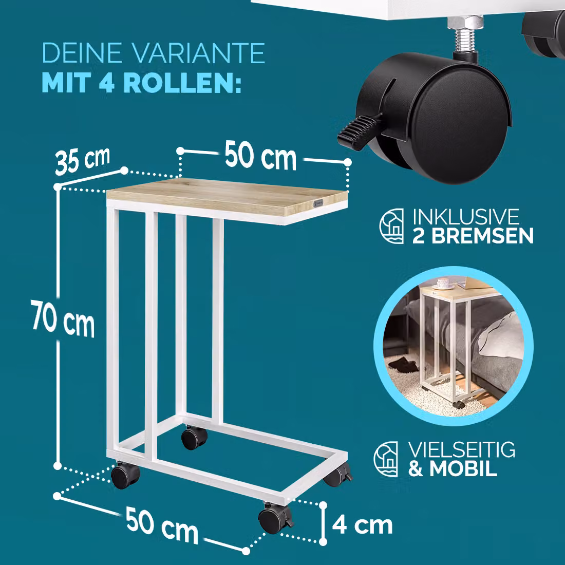 Tavolino da salotto moderno Casaria® bianco con ruote L/P/H: 50 x 35 x 65/70 cm – 2