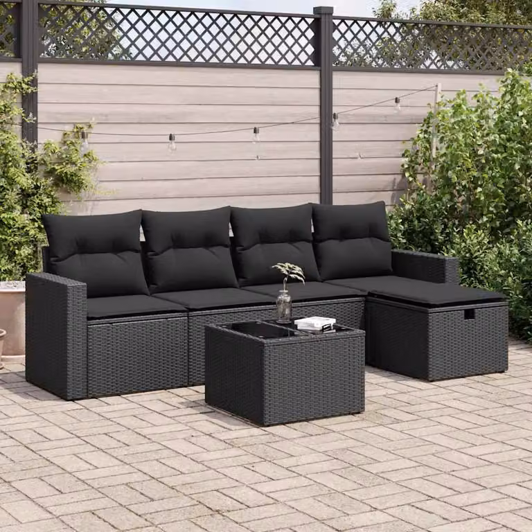 Set Divano da Giardino vidaXL 6 pz in Polyrattan Nero con Cuscini e Tavolino da Esterno a Forma di L