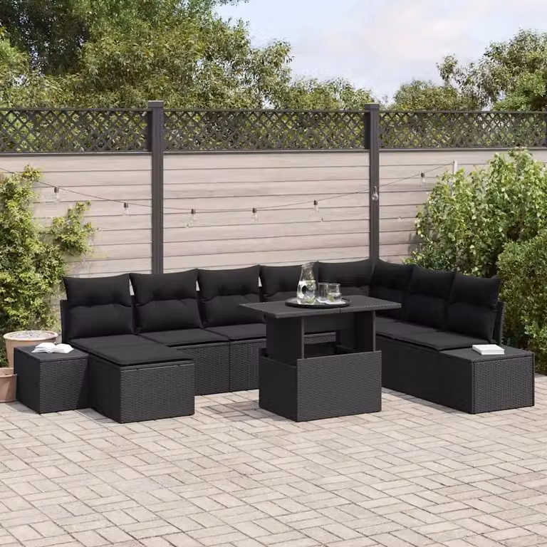 Set Divano da Giardino Moderno vidaXL in Polyrattan Nero con Cuscini e Tavolino da 9 Pezzi