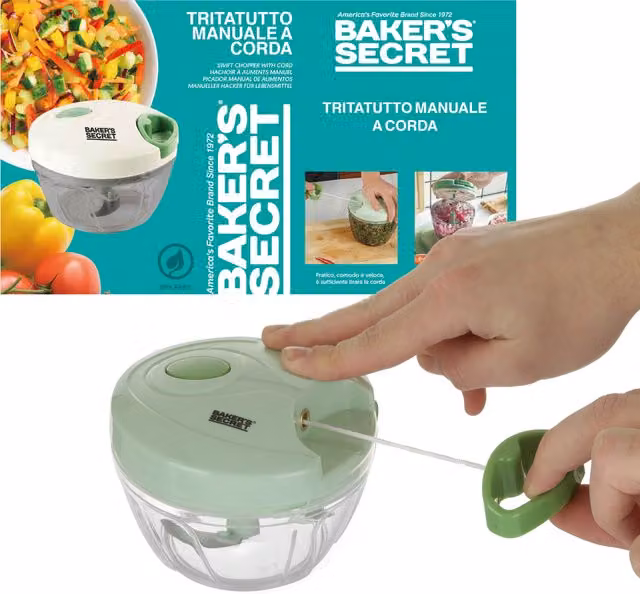 Tritatutto manuale a corda Baker's Secret in acciaio inossidabile e plastica, verde, lavabile in lavastoviglie