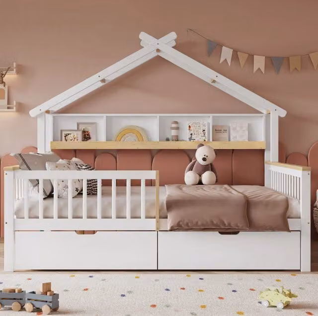 Letto per bambini 140x200 cm bianco e naturale in legno e MDF con 2 cassetti