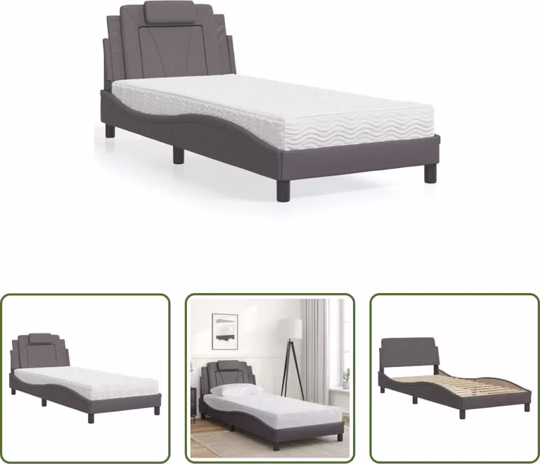 The Living Store Letto con materasso grigio 80x200 cm in ecopelle