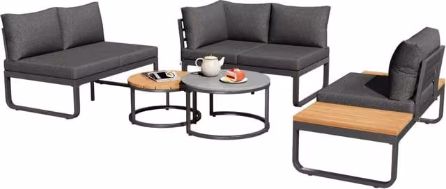 Set da giardino Outsunny moderno in acciaio grigio con 2 divani da 2 posti, 1 poltrona, tavolini e cuscini inclusi