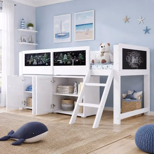 Letto a soppalco per bambini 90x200 cm con armadio a 2 ante e lavagna; legno e MDF; bianco e nero