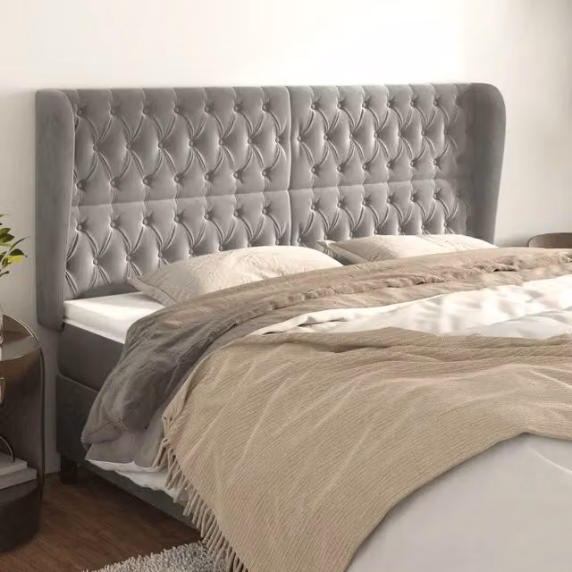 Testiera con Orecchie Design Mania in Velluto Grigio Chiaro L: 203 cm, P: 23 cm, H: 118/128 cm