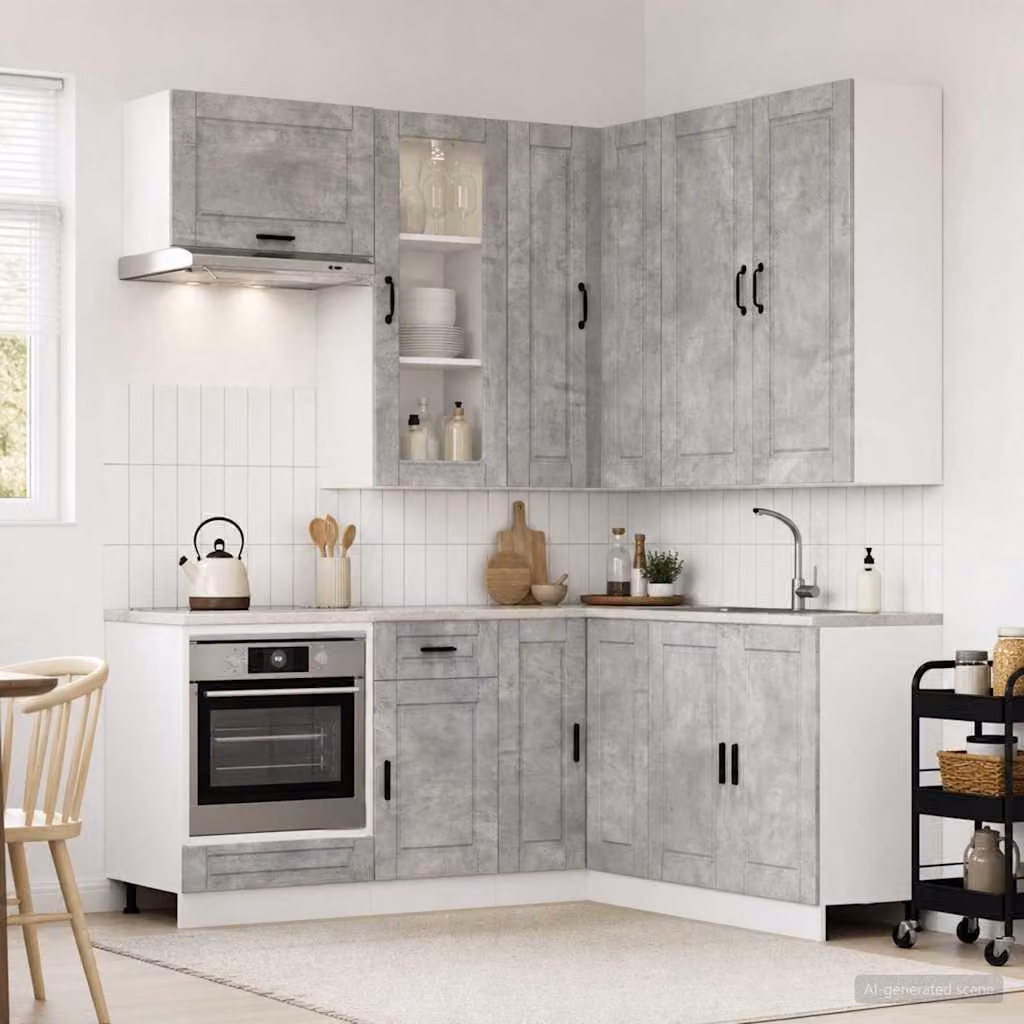 Unità cucina moderna vidaXL PORTO composta da 8 pezzi in legno ingegnerizzato e MDF, colore grigio cemento, con ante in vetro e ripiani interni