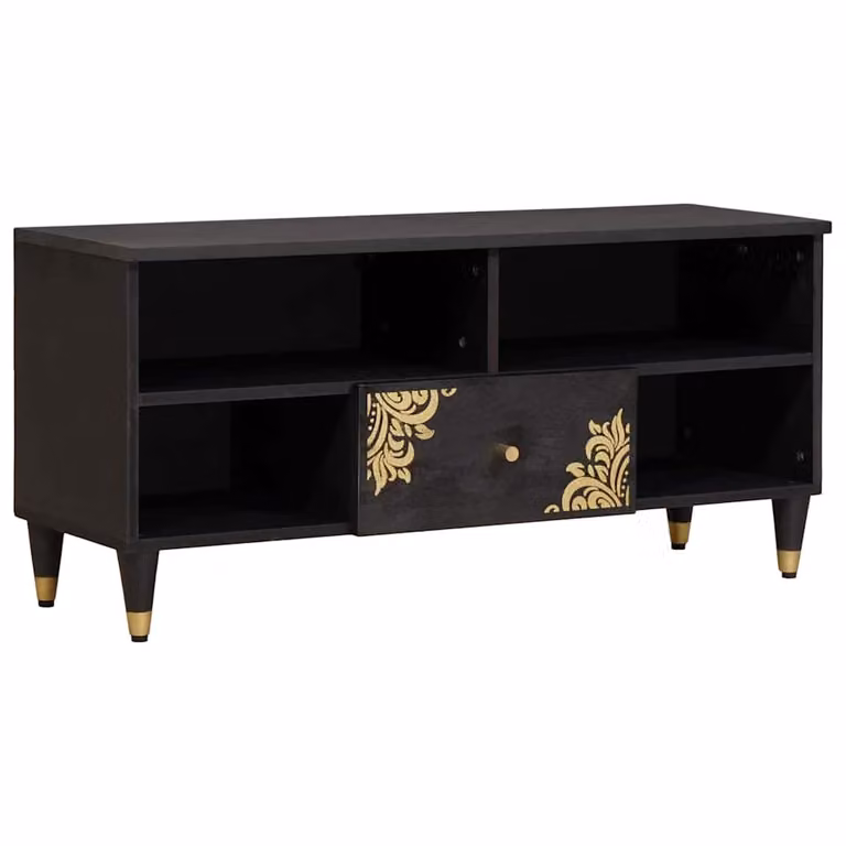 Mobile TV vidaXL moderno in legno di mango nero e oro L/P/H: 100 x 33 x 46 cm