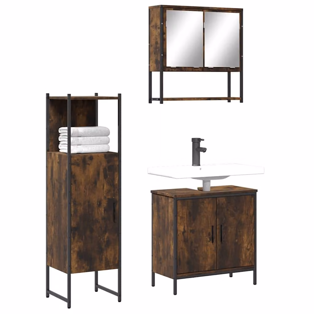 Set di mobili da bagno vidaXL 3 pezzi in stile industriale color rovere marrone composto da mobile lavabo, armadietto con specchio e mobile laterale in legno e metallo