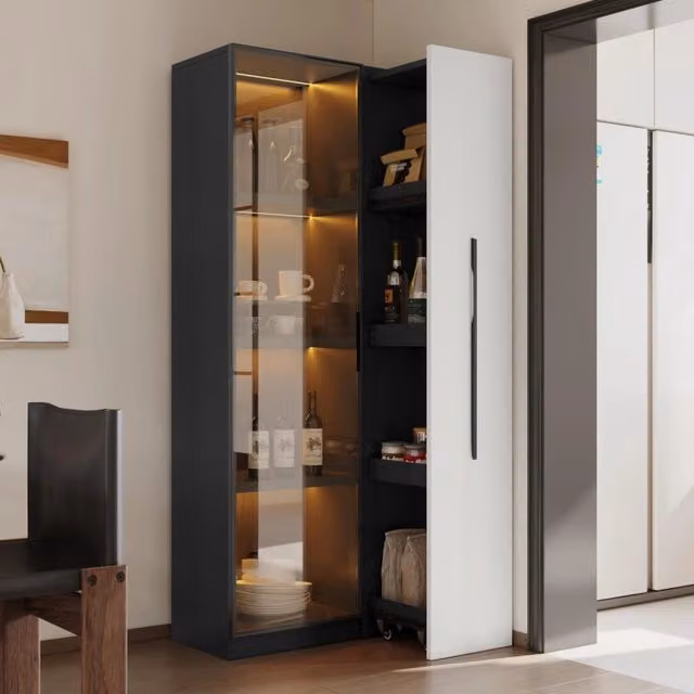 Mobile da sala da pranzo, libreria, mobile multifunzionale, ante in vetro temperato, telaio in alluminio, mobile su ruote, illuminazione a LED
