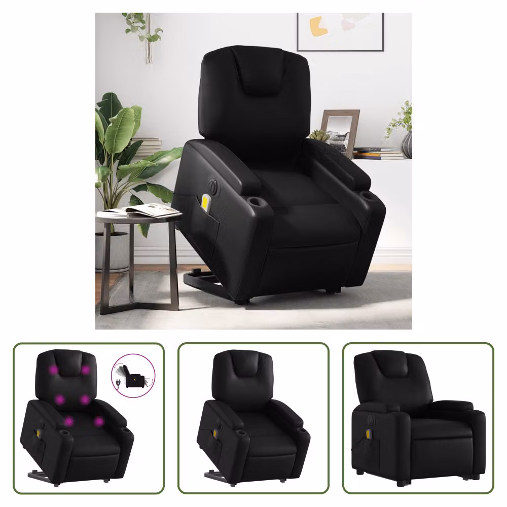 The Living Store Sedia massaggiante con supporto in piedi elettrica in ecopelle nera